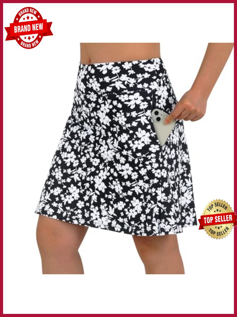 Knee Length Tennis Skort With Zipper Pockets High Waist Athletic Golf Skirt